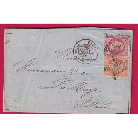 N°23 24 PARIS ETOILE 1 PL DE LA BOURSE POUR LA HAYE PAYS BAS NEDERLAND DOUBLE PORT 1867 LETTRE COVER