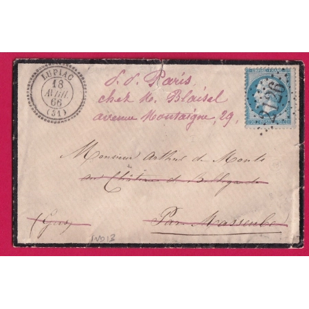 N°22 GC 2126 LUPIAC GERS CAD TYPE 22 MASEUBE REEXP PARIS 1866 LETTRE COVER