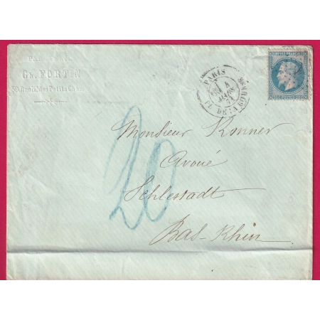 N°29 PARIS ETOILE 1 PL DE BOURSE TAXE 20 ALLEMANDE POUR SELESTAT BAS RHIN ALSACE LORRAINE  LETTRE COVER