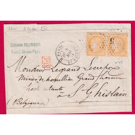 N°59 PARIS ETOILE VARIETE 5 CASSE BT MEGENTA POUR ST GHISLAIN BELGIQUE 1873 LETTRE COVER
