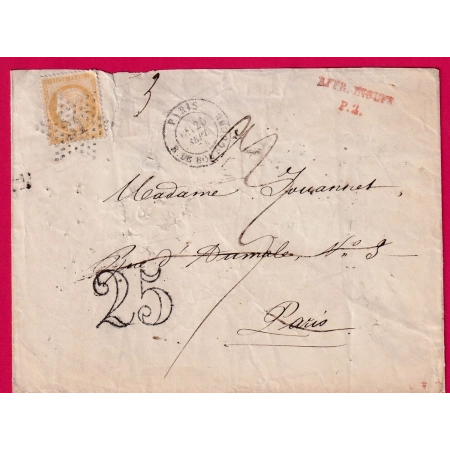 N°59 PARIS ETOILE 31 R DE BOURGOGNE TAXE 25 AFR INSUF P2 REEXP FECAMP SEINE INFERIEURE 1874 LETTRE COVER