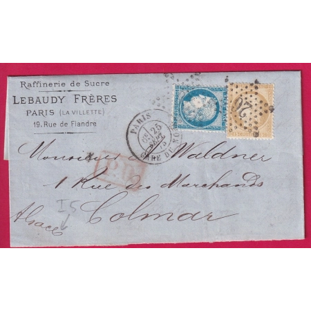 N°60 55 PARIS ETOILE 26 GARE DU NORD 1875 POUR COLMAR HAUT RHIN ALSACE LORRAINE ALLEMAGNE LETTRE COVER