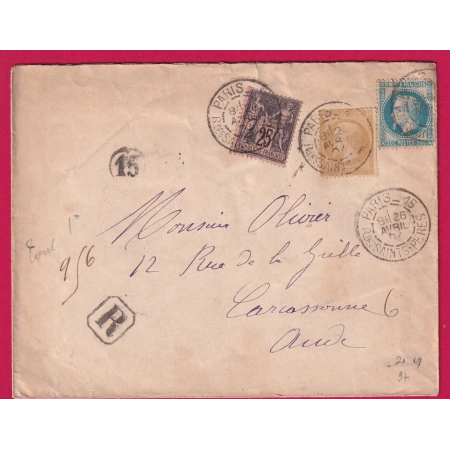N°21 29 97 EMPLOI TARDIF PARIS R DES SAINTS PERES 1897 RECOMMANDE POUR CARSCASSONNE AUDE LETTRE COVER