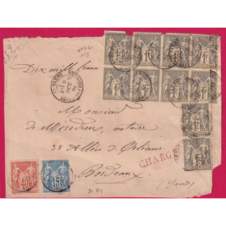 N°72 X10 DONT BLOC DE 8 + 90 94 ST SAENS SEINE INFERIEURE DEVANT DE LETTRE CHARGE POUR BORDEAUX 1822 COVER