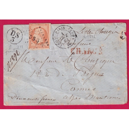 N°16 LETTRE CHARGE PARIS LOSANGE DS3 CAD GN 60 DS3 POUR CANNES ALPES MARITIMES LETTRE COVER