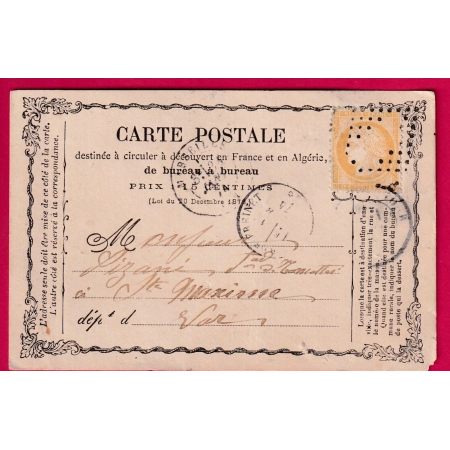 N°59 LOSANGE EVIDE MARSEILLE 3 JANVIER 1874 POUR ST MAXIME VAR CARTE PRECURSEUR LETTRE COVER FRANCE
