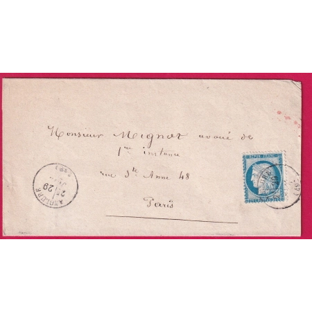 N°60 CAD TYPE 16 ANGLURE MARNE POUR PARIS 1876 LETTRE COVER FRANCE