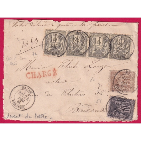 N° 72 BANDE DE 4 80 89 BAZAS GIRONDE DEVANT DE LETTRE POUR BORDEAUX CHARGE COVER