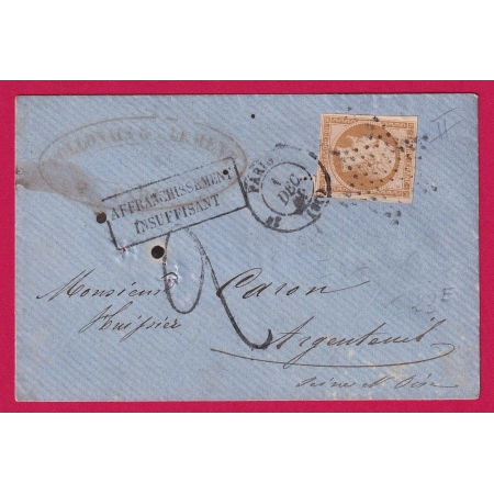 N°13 PARIS ETOILE PLEINE CAD 3E 60 POUR ARGENTEUIL TAXE TAMPON 2 AFFRANCHISSEMENT INSUFFISANT LETTRE COVER