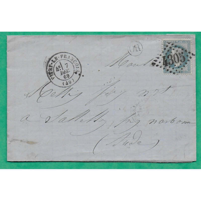 N°29 GC 4305 VITRY LE FRANCOIS MARNE OR ORIGINE RURALE ST AMAND SUR FION POUR SALLELES AUDE 1869 LETTRE COVER FRANCE