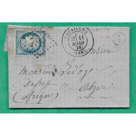 N°60A GC 788 CAVAILLON VAUCLUSE BOITE RURALE A CHEVAL BLANC POUR ALGER ALGERIE 1874 LETTRE COVER FRANCE