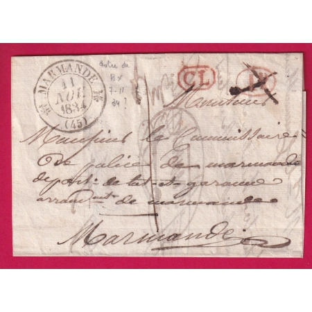CAD TYPE 12 MARMANDE 1834 ACHEMINE BORDEAUX CL ROUGE DECIME RURAL ANNULE TAXE LOCALE 1 LETTRE COVER