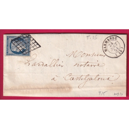 N°4 GRILLE MARMANDE LOT ET GARONNE 1851 POUR CASTELJALOUX INDICE 14 T14 AU DOS LETTRE COVER