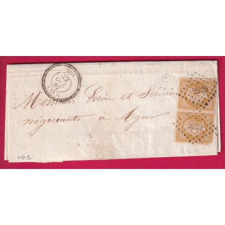 N°13 PAIRE PC 2929 SOS LOT ET GARONNE CAD TYPE 22 POUR AGEN LETTRE COVER