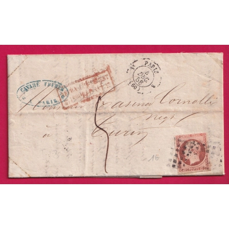 N°16 PARIS ROULETTE DE GROS POINTS TAXE MANUSCRIT 5 POUR TURIN AFFRANCHISSEMENT INSUFFISANT LETTRE COVER