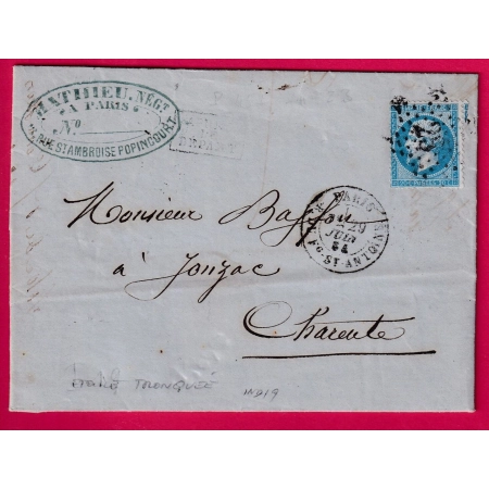 N°22 PARIS ETOILE 23 TRONQUEE R DU FG ST ANTOINE POUR JONZAC CHARENTE INDICE 19 LETTRE COVER