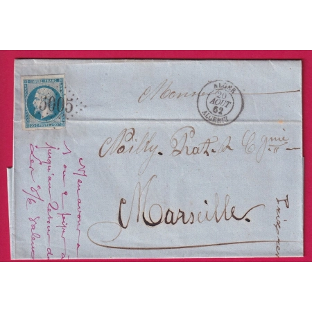 N°14 GC 5005 ALGER ALGERIE 20 AOUT 1862 PRECOCE POUR MARSEILLE LETTRE COVER