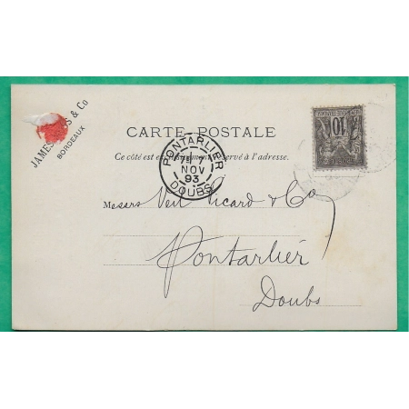 N°89 SAGE CARTE POSTALE REPIQUEE JAMES MOSS TRANSPORTS MARITIMES BORDEAUX GIRONDE POUR PONTARLIER DOUBS 1893 FRANCE