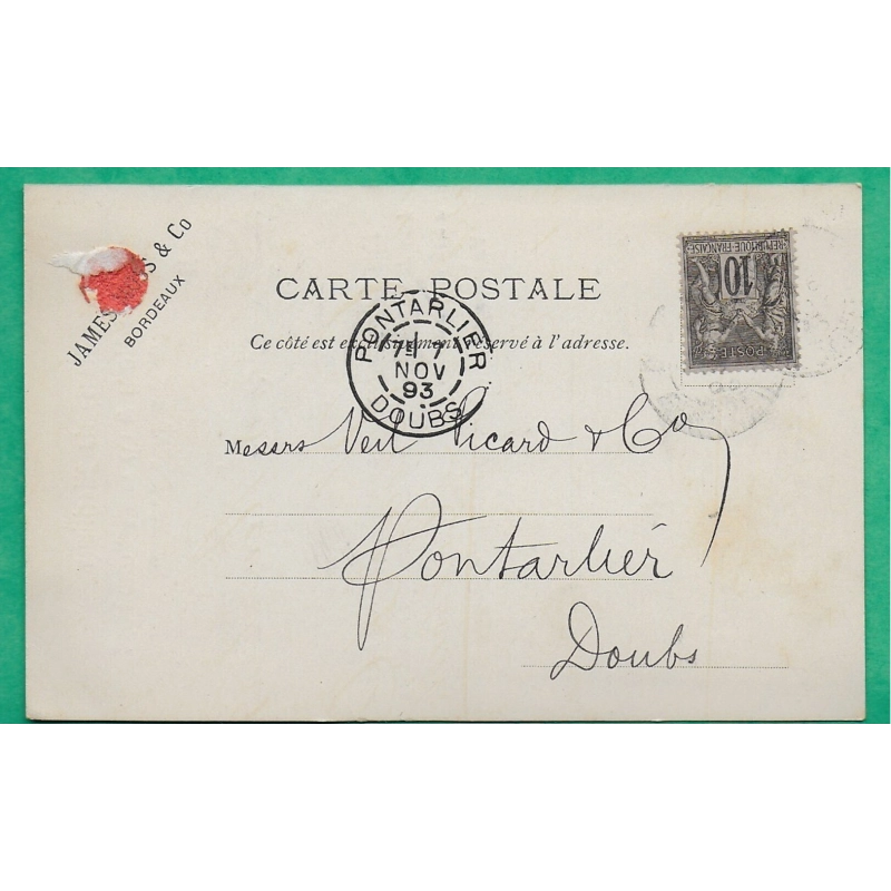 N°89 SAGE CARTE POSTALE REPIQUEE JAMES MOSS TRANSPORTS MARITIMES BORDEAUX GIRONDE POUR PONTARLIER DOUBS 1893 FRANCE
