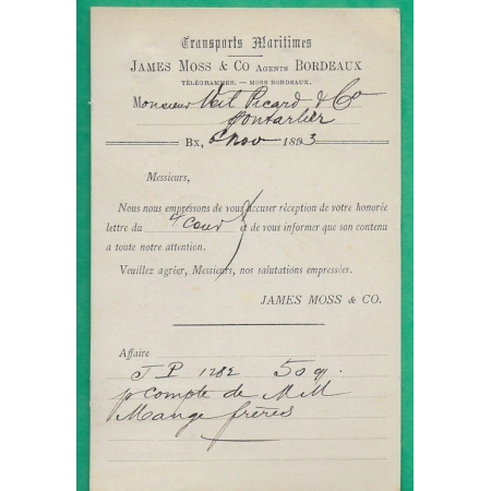 N°89 SAGE CARTE POSTALE REPIQUEE JAMES MOSS TRANSPORTS MARITIMES BORDEAUX GIRONDE POUR PONTARLIER DOUBS 1893 FRANCE