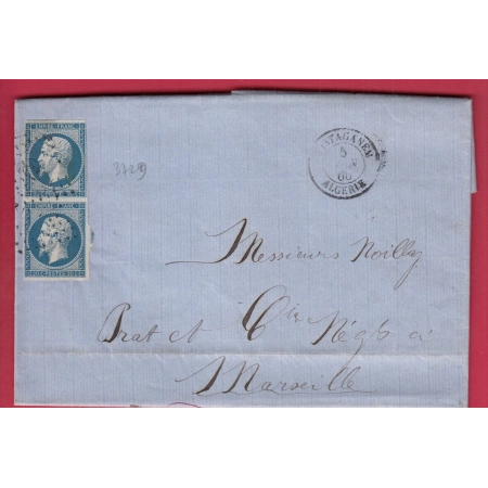 N°14 PAIRE PC 3729 MOSTAGANEM ALGERIE POUR MARSEILLE LETTRE COVER ETIQUETTE PUB AU DOS