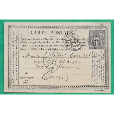 N°66 SAGE TYPE I CARTE PRECURSEUR CAD TYPE 18 STE MENEHOULD MARNE BOITE RURALE A PARIS 1876 LETTRE COVER FRANCE