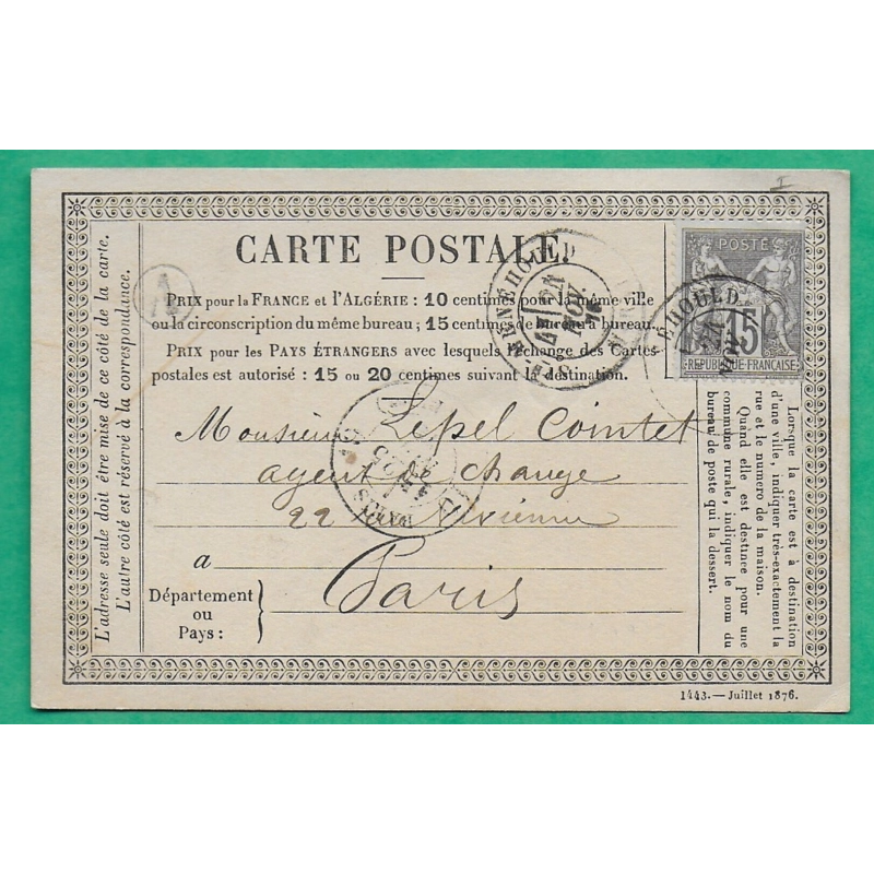 N°66 SAGE TYPE I CARTE PRECURSEUR CAD TYPE 18 STE MENEHOULD MARNE BOITE RURALE A PARIS 1876 LETTRE COVER FRANCE