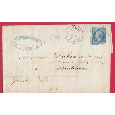 N°22 PARIS ETOILE 33 GARE D'ORLEANS POUR BORDEAUX GIRONDE LETTRE COVER