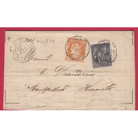 N°38 89 PARIS PLACE DE LA BOURSE 1877 POUR MONTPELLIER HERAULT LETTRE COVER