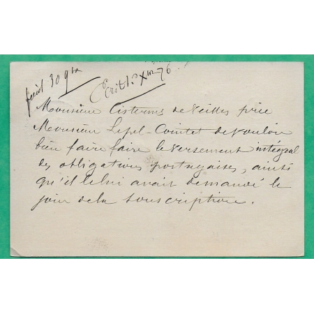 N°66 SAGE TYPE I CARTE PRECURSEUR CAD TYPE 18 STE MENEHOULD MARNE BOITE RURALE A PARIS 1876 LETTRE COVER FRANCE