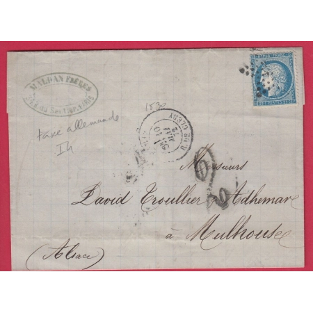 N°60 PARIS ETOILE 24 RUE DE CLERY TAXE TAMPON 2 ALLEMANDE POUR MULHOUSE HAUT RHIN ALSACE LORRAINE ALLEMAGNE LETTRE COVER