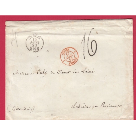 TAXE TAMPON 16 QUADRUPLE PORT GENEVE SUISSE  POUR LABREDE GIRONDE 1852 RARE LETTRE COVER