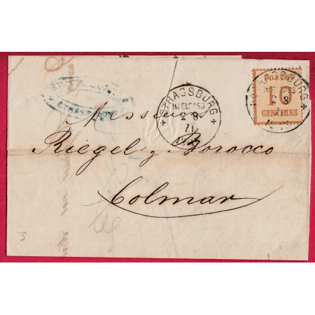 ALSACE LORRAINE N°5 STRASBOURG BAS RHIN POUR COLMAR 2 AOUT 1871 LETTRE COVER