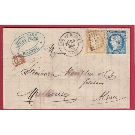 N°55 60 GARE DE ROANNE LOIRE 1874 POUR MULHOUSE ALSACE LORRAINE BAS RHIN ALLEMAGNE LETTRE COVER