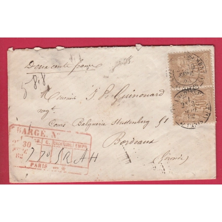 N°80 PAIRE PARIS 4 AFFRANCHISSEMENT 4 POUR BORDEAUX LETTRE CHARGE 1882 COVER