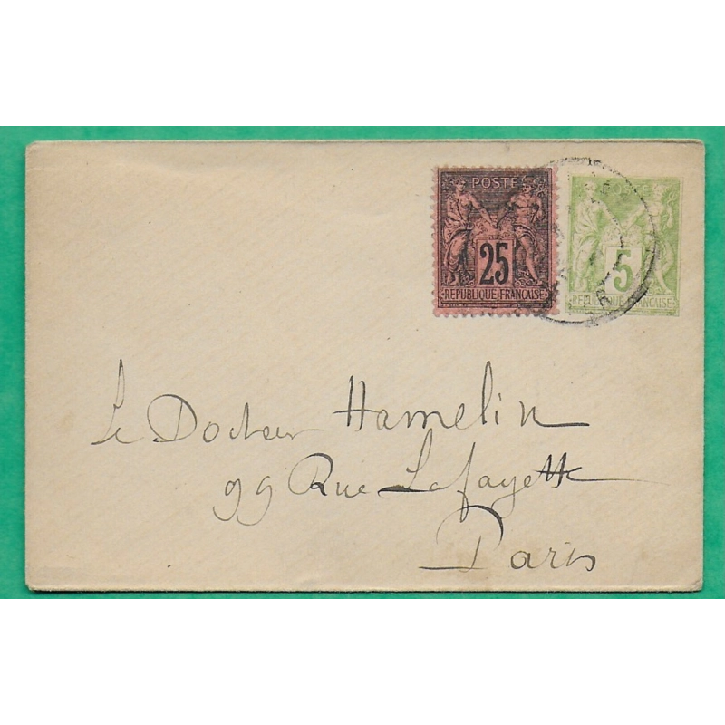 ENTIER SAGE 5C VERT + COMPLEMENT AFFRANCHISSEMENT N°91 POUR PARIS LETTRE COVER FRANCE