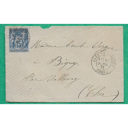 N°90 SAGE CAD TYPE 18 GARE DE VIERZON CHER POUR BIGNY 1881 LETTRE COVER FRANCE