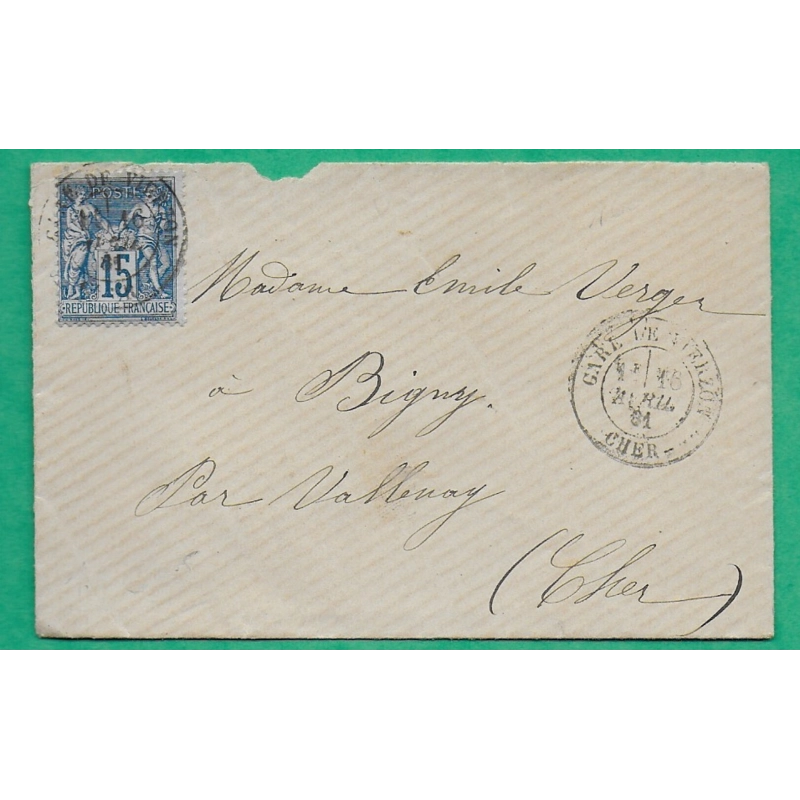 N°90 SAGE CAD TYPE 18 GARE DE VIERZON CHER POUR BIGNY 1881 LETTRE COVER FRANCE