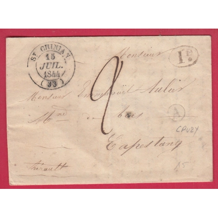 CAD TYPE 14 ST CHINIAN HERAULT BOITE RURALE A CRUZY POUR CAPESTANG DECIME RURAL LETTRE COVER