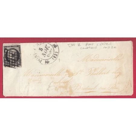 N°3 NOIR SUR BLANC CAD TYPE 12 PONT L'EVEQUE CALVADOS INDICE 26 POUR BRETEUIL SUR ITON EURE LETTRE COVER