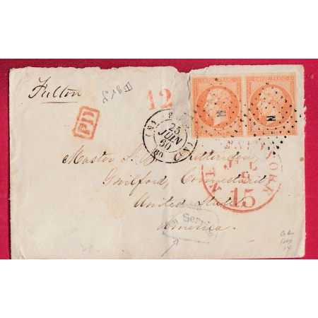 N°16 PAIRE PARIS BUREAU N POUR GUILFORD CONNECTICUT USA 1860 LETTRE COVER