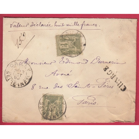 N°82 X2 TARIF A 2FR CAILLY SEINE INFERIEURE 1892 POUR PARIS LETTRE CHARGE COVER