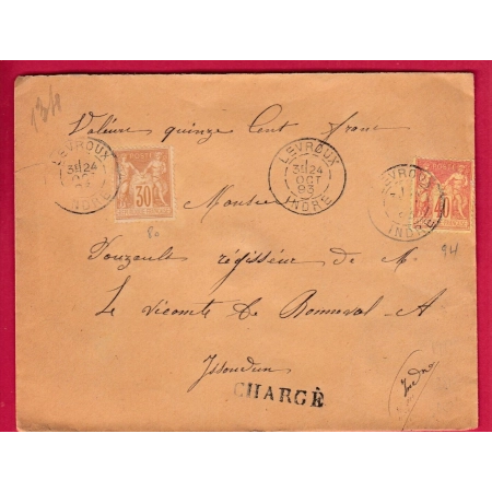 N°80 94 LEVROUX INDRE 1893 LETTRE CHARGE POUR ISSOUDUN COVER