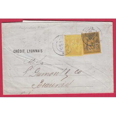 N°92 93 PERFORE CL CREDIT LYONNAIS LYON RHONE 1886 POUR BEAUVAIS OISE LETTRE COVER