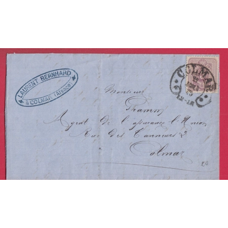 ALSACE LORRAINE 5PF FER  CHEVAL COLMAR HAUT RHIN 1875 LETTRE LOCALE POUR COLMAR COVER
