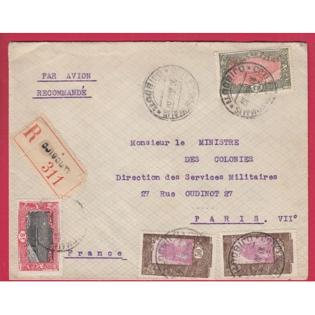DJIBOUTI RECOMMANDE PAR AVION COTE DES SOMALIS 1937 POUR PARIS LETTRE COVER