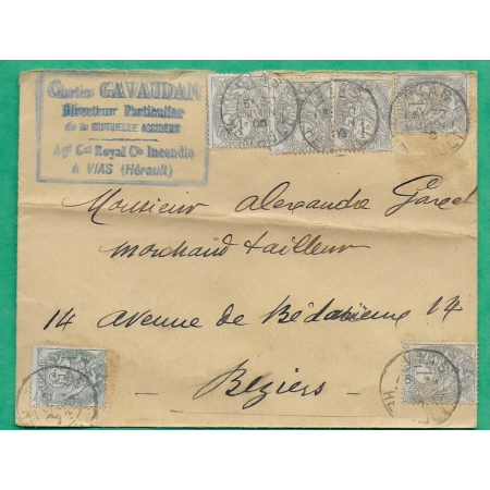 N°107 x5 + 111 BLANC BEL AFFRANCHISSEMENT CAD VIAS HERAULT POUR BEZIERS 1900 LETTRE COVER FRANCE