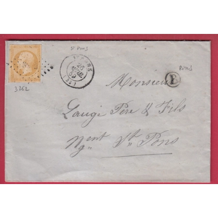 N°13 PC 3252 ST PONS HERAULT BOITE RURALE B RIOLS POUR ST PONS 1859 LETTRE COVER