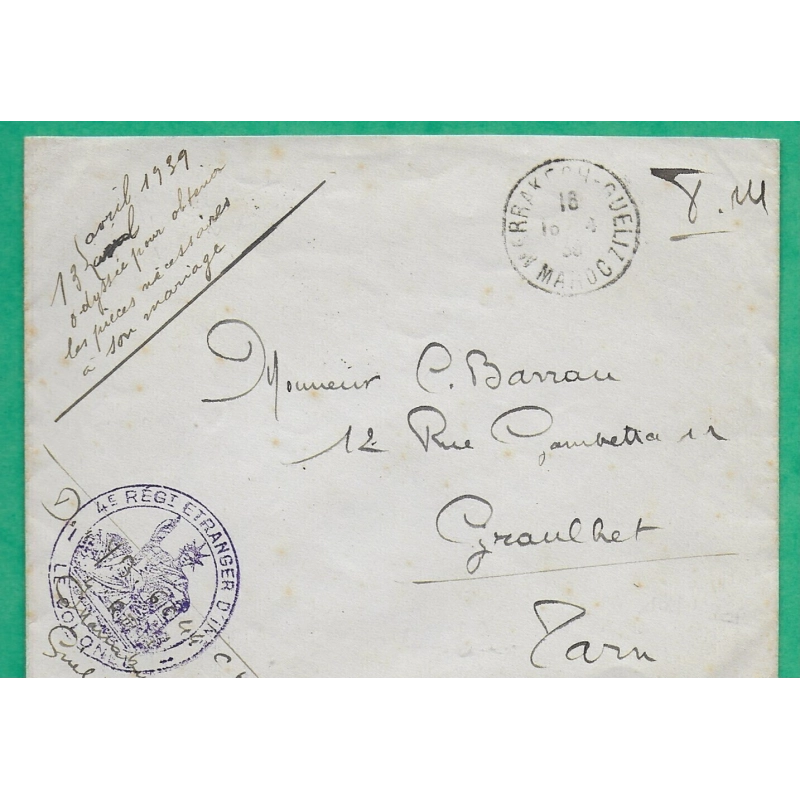 FRANCHISE MILITAIRE FM COLONEL 4ème REGIMENT ETRANGER MARRAKECH GUELIZ MAROC POUR GRAULHET TARN 1939 WW2 COVER FRANCE