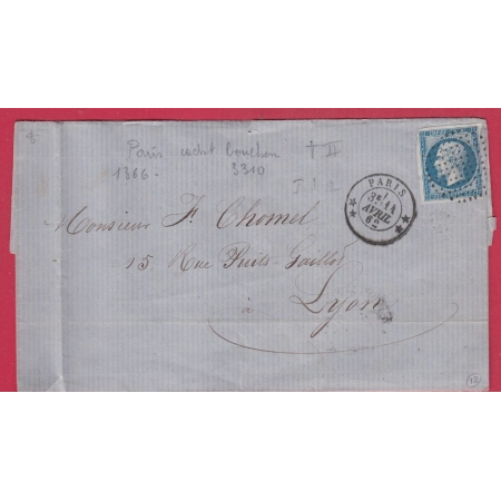N°14 PARIS CERCLE DE POINTS 1862 3310 + 1366 POUR LYON RHONE LETTRE COVER